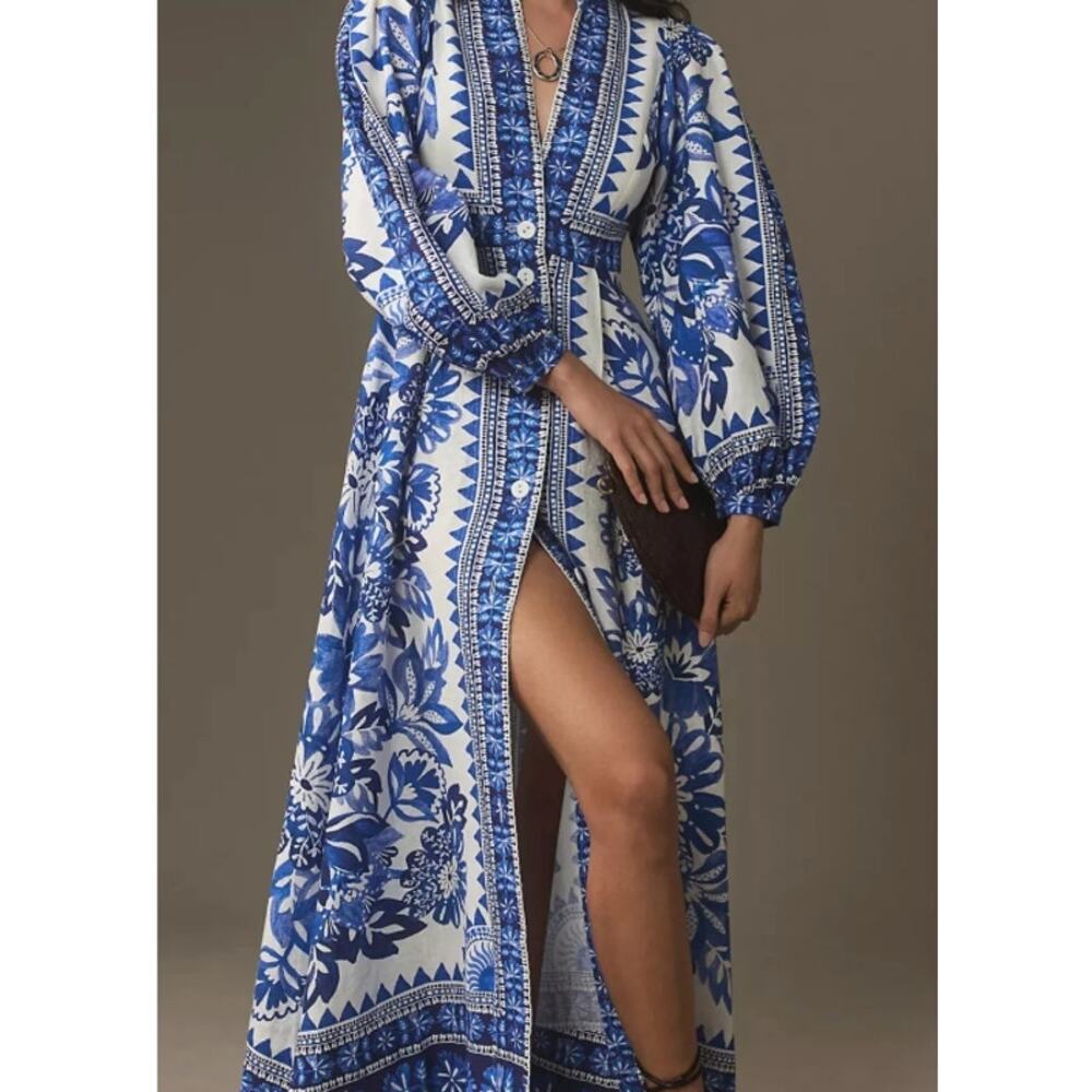 FARM Rio Blue Floral Linen Blend Button Front Maxi Dress Large